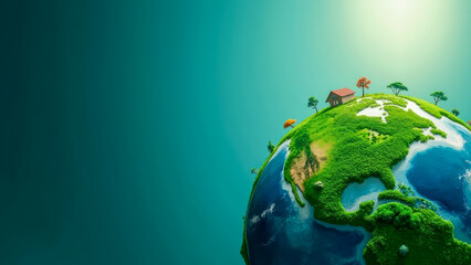 Fototapeta premium Miniature house on a lush green globe with bright blue oceans and trees symbolizing sustainability and harmony with nature in a serene environment
