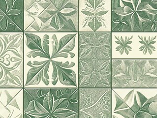 etched green and cream vintage tile pattern with detailed hand-carved botanical and geometric motifs
