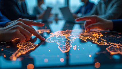 Collaborative Business Strategy Meeting on a Digital World Map with Focus on International Markets and Growth Opportunities