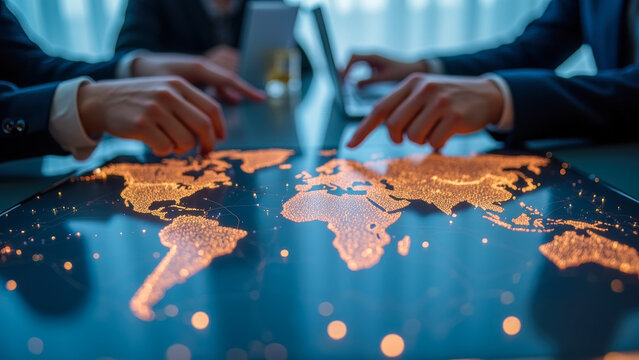 Business professionals analyzing a glowing world map with data visualization, discussing global market trends and strategies in an office setting