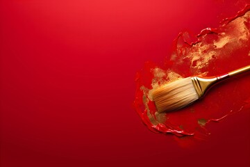 Paint brush making gold stroke on red background with copy space. Creative design, art and luxury concept. Elegant abstract painting effect. Artistic flat lay