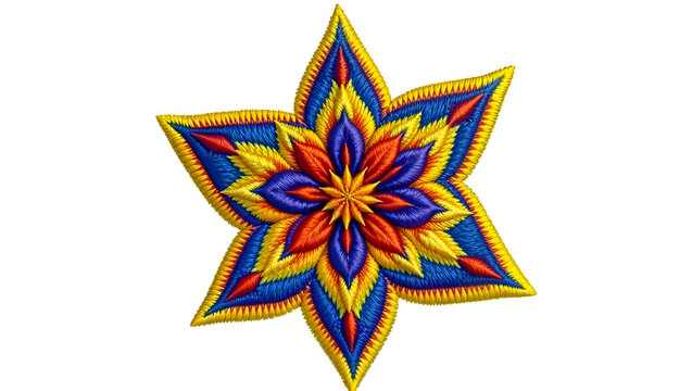 A symmetrical and colorful handmade yarn mandala with intricate geometric patterns, isolated on white. Generative AI