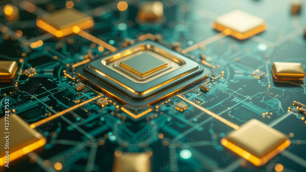 Poster close-up view of a modern microprocessor circuit board with futuristic design and glowing elements