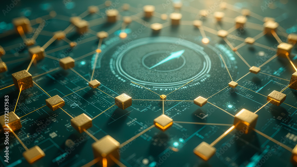 Poster digital network technology background with glowing elements, nodes, and compass representation for d