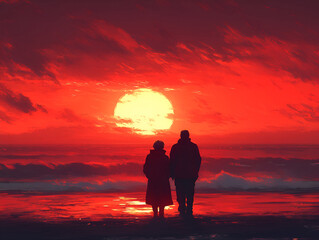 Obraz premium Elderly couple standing together on beach at sunset, enjoying view