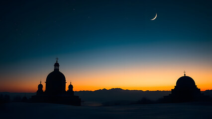 Fototapeta premium Beautiful sunset and night sky over the city at ramadhan theme