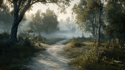 Obraz premium Misty forest path at sunrise.