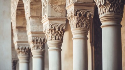 Ornate stone columns with intricate carvings in historic architecture