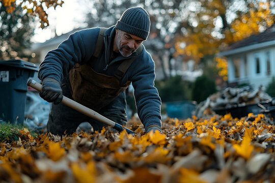 Man raking autumn leaves in suburban yard