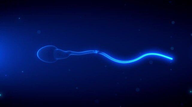 3D rotating holographic sperm with scanning and reveal effects in a glowing digital environment, lasting 20 seconds Seamless loop.