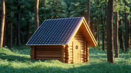 Solar-powered cabin in forest, sustainable energy