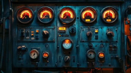 Fototapeta premium Control Panel with Vintage Gauges and Lights in Industrial Setting