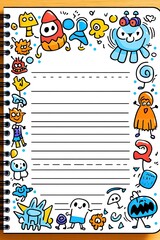 Blank notebook page with colorful doodle monsters, rockets, and spaceships surrounding the lined paper.