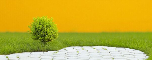 Climate solutions and green technology for sustainability. Vibrant landscape with a green bush and a yellow background.