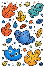 Cartoon blue characters with fall leaves and dots.