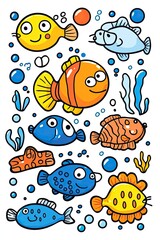 Fototapeta premium Cartoon fish, seaweed, bubbles and circles on a white background.