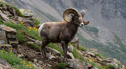 Obraz premium Rocky Mountain Bighorn Sheep Standing on Mountain Slope with Wildflowers