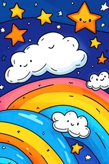 Naklejka premium Cartoon rainbow with clouds and stars on a blue background.