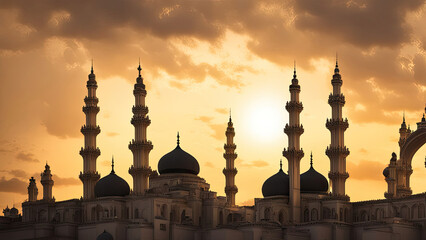 A majestic mosque with towering minarets silhouetted against a golden sunset sky, radiating spiritual serenity and architectural elegance, symbolizing faith, tradition, and Islamic heritage.