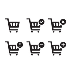 Shopping carts icon set collection, add, remove, cancel, delete, warning, simple ecommence order flat design for app, ui, ux, web, button, interface vector isolated on white background