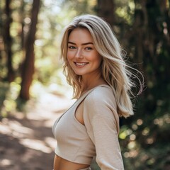 A smiling young woman with flowing hair stands in a sunlit forest, radiating joy and a connection with nature.