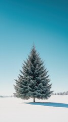 Fototapeta premium Majestic Pine Tree in Snowy Landscape Under Clear Winter Sky