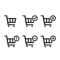 Shopping carts icon set collection, add, remove, cancel, delete, warning, simple ecommence order flat design for app, ui, ux, web, button, interface vector isolated on white background