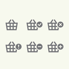 Shopping carts icon set collection, add, remove, cancel, delete, warning, simple ecommence order flat design for app, ui, ux, web, button, interface vector isolated on white background