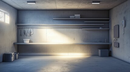 Minimalistic Concrete Garage Interior with Shelving and Light