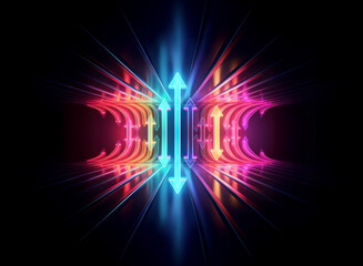 Vibrant light streaks form a symmetrical abstract design with arrows pointing inward and outward, creating a dynamic energy flow on a black backdrop.