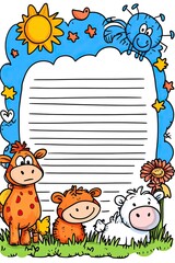 Naklejka premium Colorful cartoon animals surrounding blank lined paper.