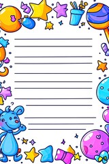 Colorful cartoon border with lined paper for writing and drawing.