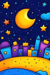 Naklejka premium Colorful cartoon cityscape with a crescent moon and stars in the night sky.