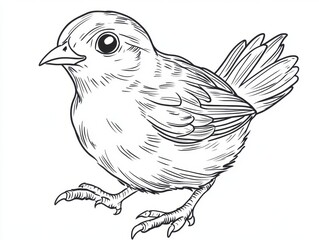 Fototapeta premium Ink Sketch of a Curious Bird: A detailed ink sketch portrays a charming small bird, capturing its inquisitive nature and delicate features in monochrome.