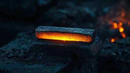 Glowing Red Hot Metal Bar on Dark Surface in Industrial Setting