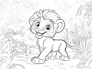 Playful Lion Cub in the Jungle: A charming and cheerful lion cub, rendered in detailed line art, navigates the dense foliage of a jungle landscape, poised for adventure and sparking imaginations. 