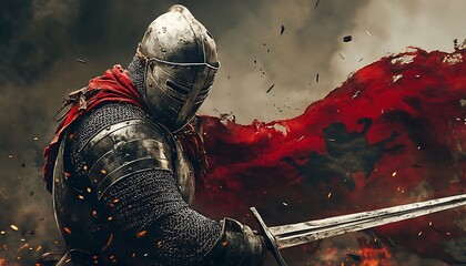 Medieval knight, battle, flag, fire, war