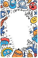 Colorful doodle monsters frame a white background, perfect for a fun and playful design.