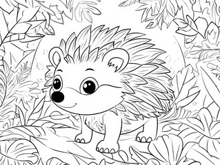 Fototapeta premium Whimsical Hedgehog in the Foliage: This charming illustration captures a delightful hedgehog in a lush, overgrown habitat, the leaves and environment bring a friendly and welcoming environment.