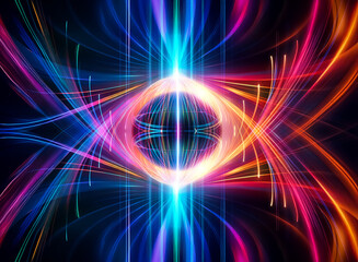 Obraz premium Vibrant abstract design featuring a central glowing light and radiating colorful lines. Dynamic, symmetrical, and futuristic visual with bright energy.