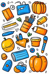 Colorful hand drawn doodle autumn stationery and fall elements on white background.