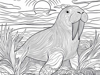 Majestic Walrus: A detailed, line art illustration showcases a walrus with impressive tusks, set against a coastal backdrop featuring sun and ocean.