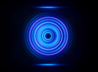 Vibrant blue and purple concentric circles radiate against a dark backdrop, creating a mesmerizing spiral effect with luminous glows and abstract energy.