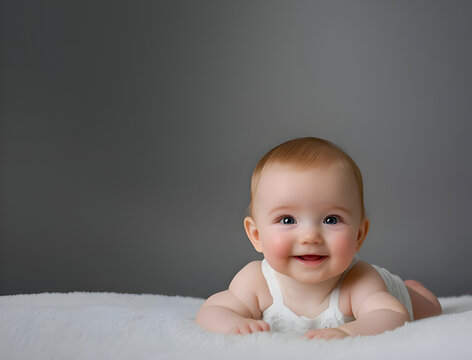 Grey Background with Happy Baby Looking at the Camera - AI Generated