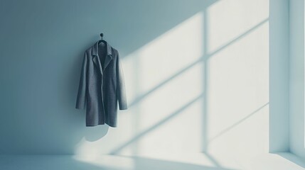 Fototapeta premium Cozy Gray Jacket Hanging on Wall with Soft Light and Shadows