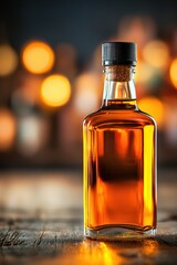 Glass bottle filled with amber liquid on a blurred background.