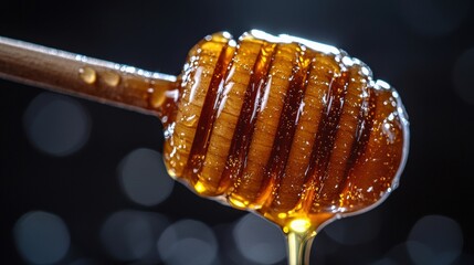 Honey dipper dripping golden syrup on a dark background.