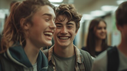 Obraz premium Students share joyful moments while chatting and laughing in a lively school hallway during lunchtime