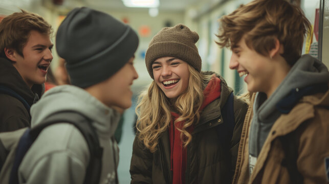 Four students take a break in a school hallway, sharing laughter and enjoying a casual conversation with friends after class
