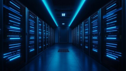 Fototapeta premium Server Room Corridor Lit with Blue Neon
